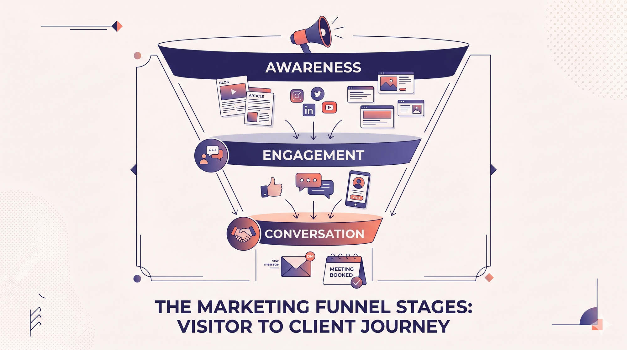 LinkedIn for sales funnel diagram showing content, engagement, and outreach stages, minimal editorial style