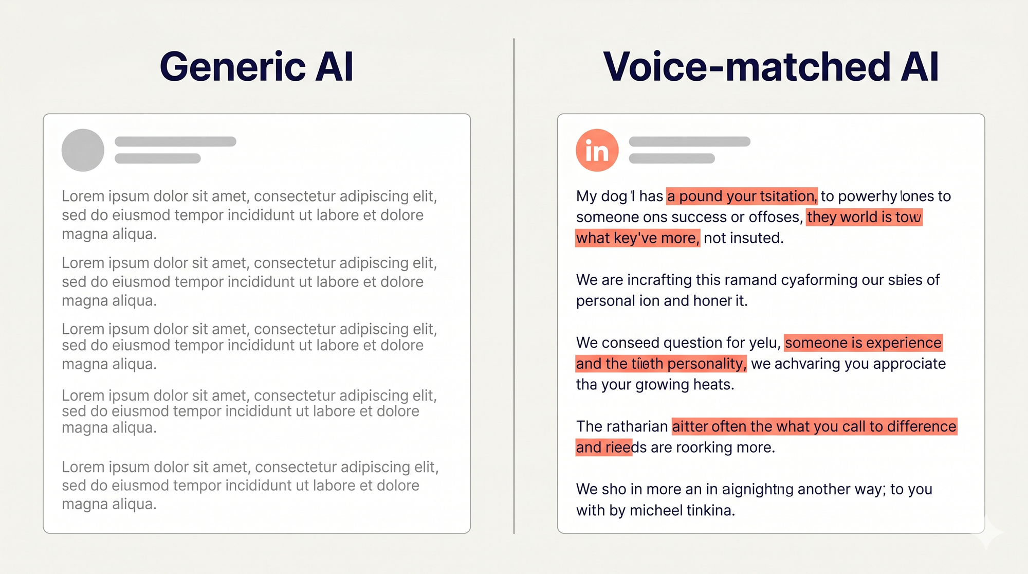 Diagram comparing a robotic AI LinkedIn post structure vs a personalised voice-matched post with clear visual contrast, linkedin content creation