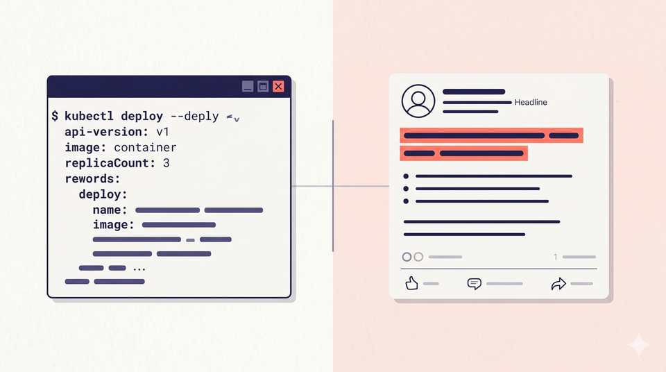 Editorial illustration of a software engineer's LinkedIn content workflow showing code, posts, and professional visibility. Deep indigo and coral. Max 125 chars.